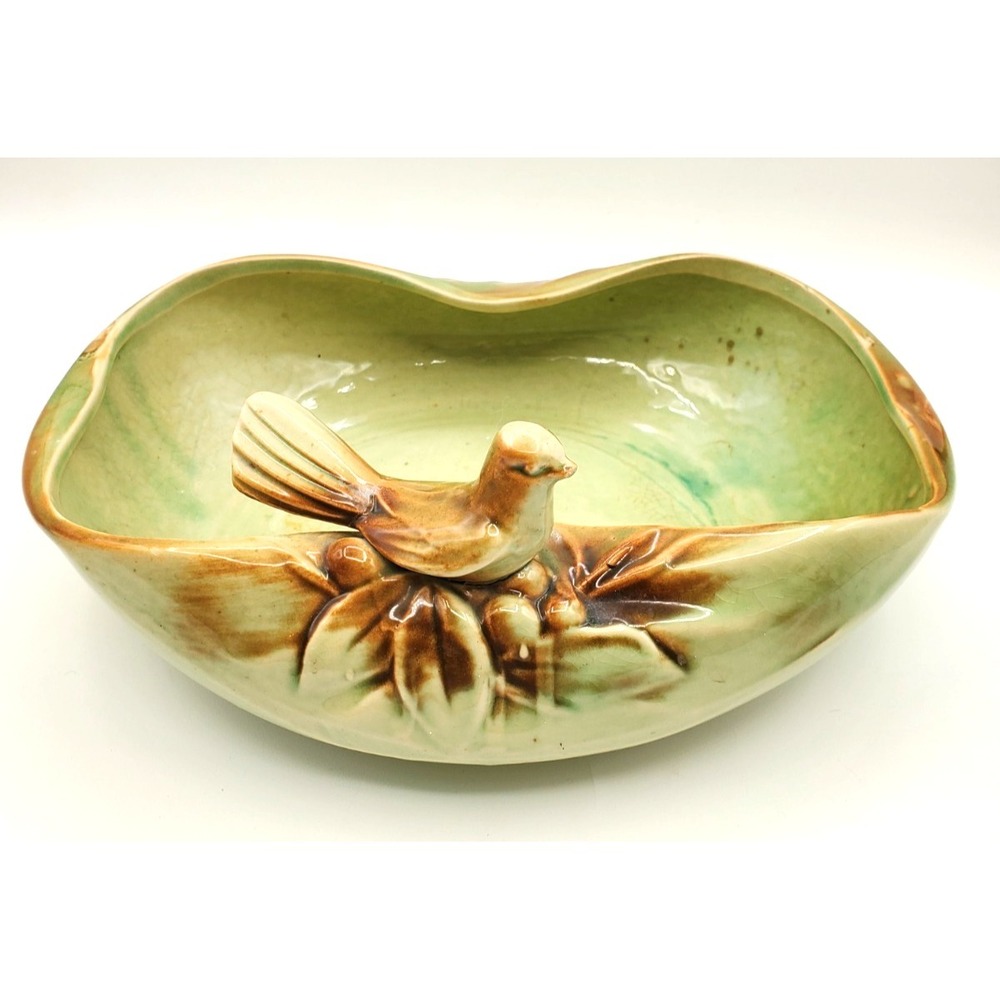 Vintage McCoy Pottery Bird Planter Console Bowl Green Brown 1940s